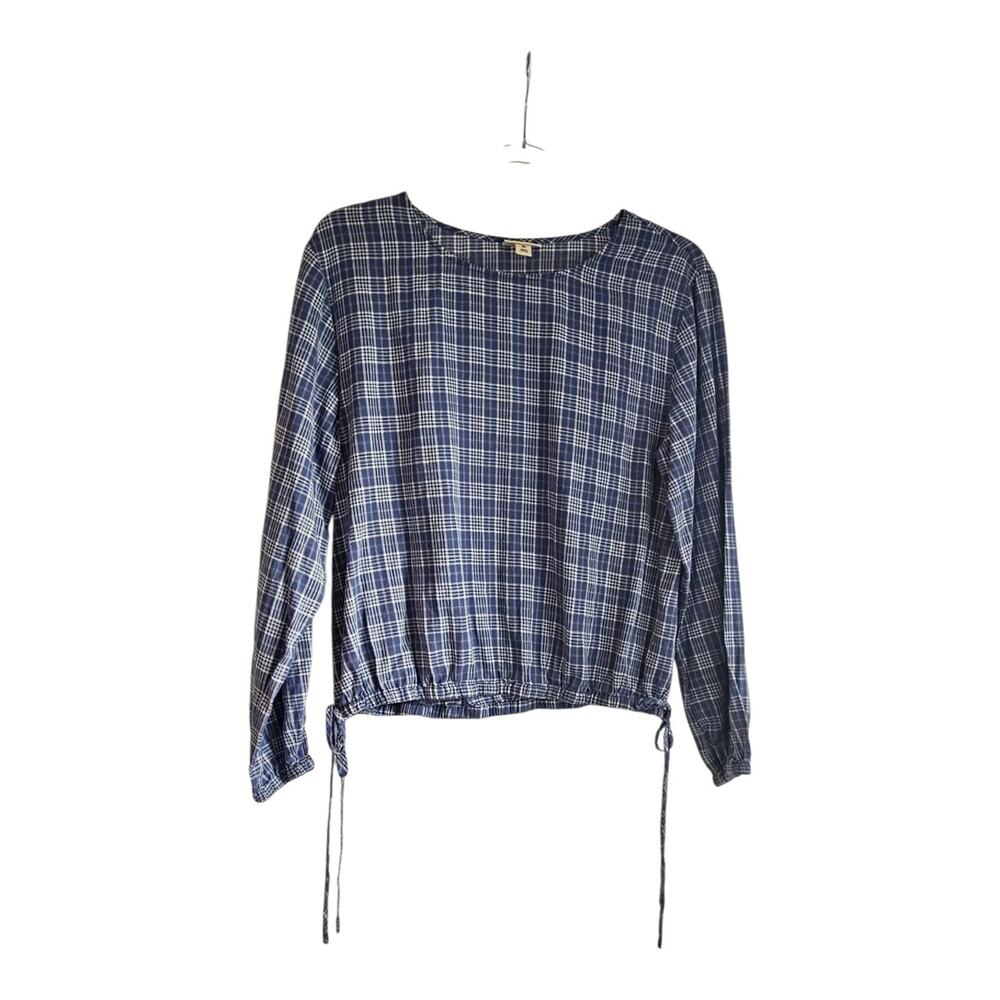 a.n.a. Womens XS Cropped Blouse Blue White Plaid 100% Cotton Self Tie Sides